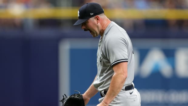 Aug 27, 2023; St. Petersburg, Florida, USA; New York Yankees starting pitcher Carlos Rodon (55) reacts after pitching against the Tampa Bay Rays in the first inning at Tropicana Field. Mandatory Credit: Nathan Ray Seebeck-USA TODAY Sports  